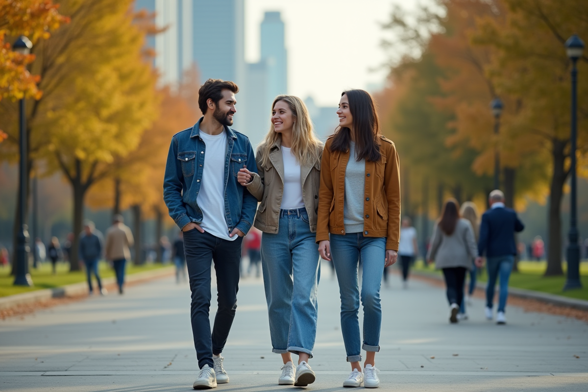 Groupe de jeunes adultes marchant dans un parc urbain animé