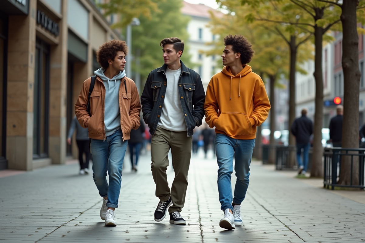 Trois jeunes en streetwear décontracté dans la rue urbaine