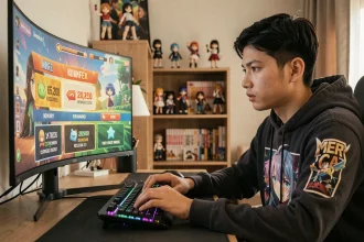 Joueur de jeu mobile anime concentré sur son écran pour activer un code de récompense