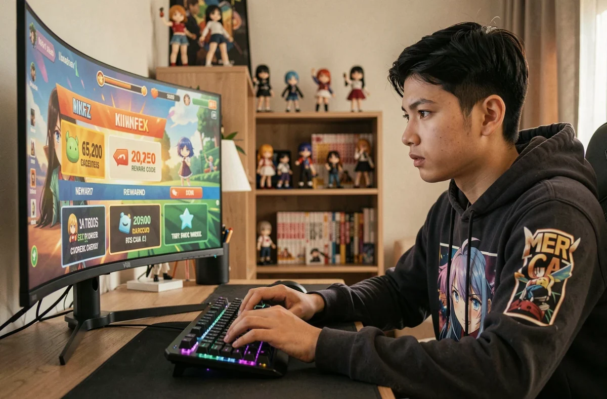 Joueur de jeu mobile anime concentré sur son écran pour activer un code de récompense