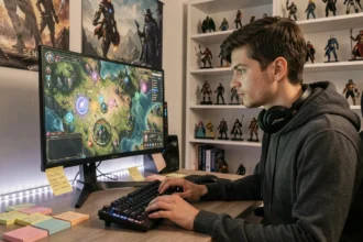 Joueur passionné de Dofus analysant une carte de portails sur son écran d'ordinateur dans un bureau gaming