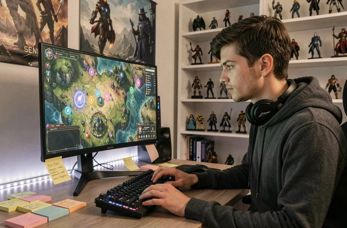 Joueur passionné de Dofus analysant une carte de portails sur son écran d'ordinateur dans un bureau gaming