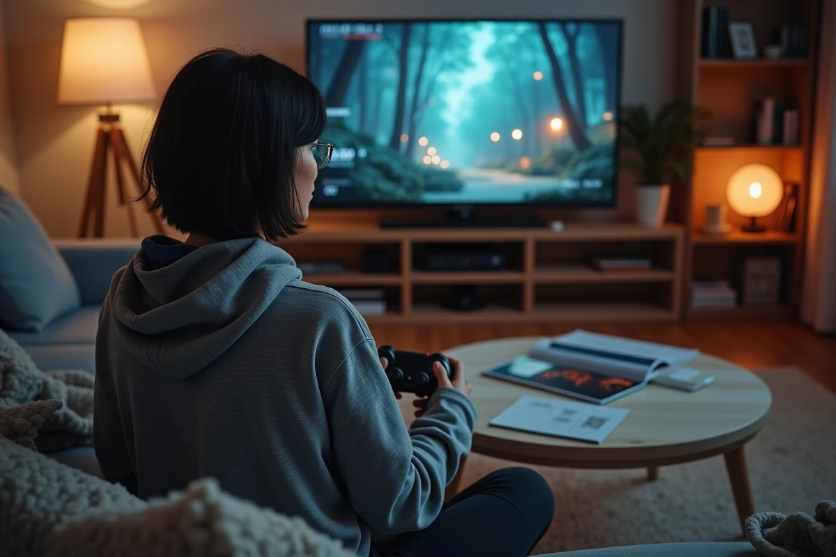 Joueuse sur canapé avec manette de jeu devant un RPG de fantasy, symbolisant les différents styles de jeu et leur impact sur la durée de vie