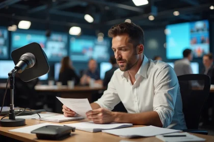 Journaliste français célèbre en pleine préparation dans une salle de rédaction télévisée, entouré de scripts et d'un microphone vintage
