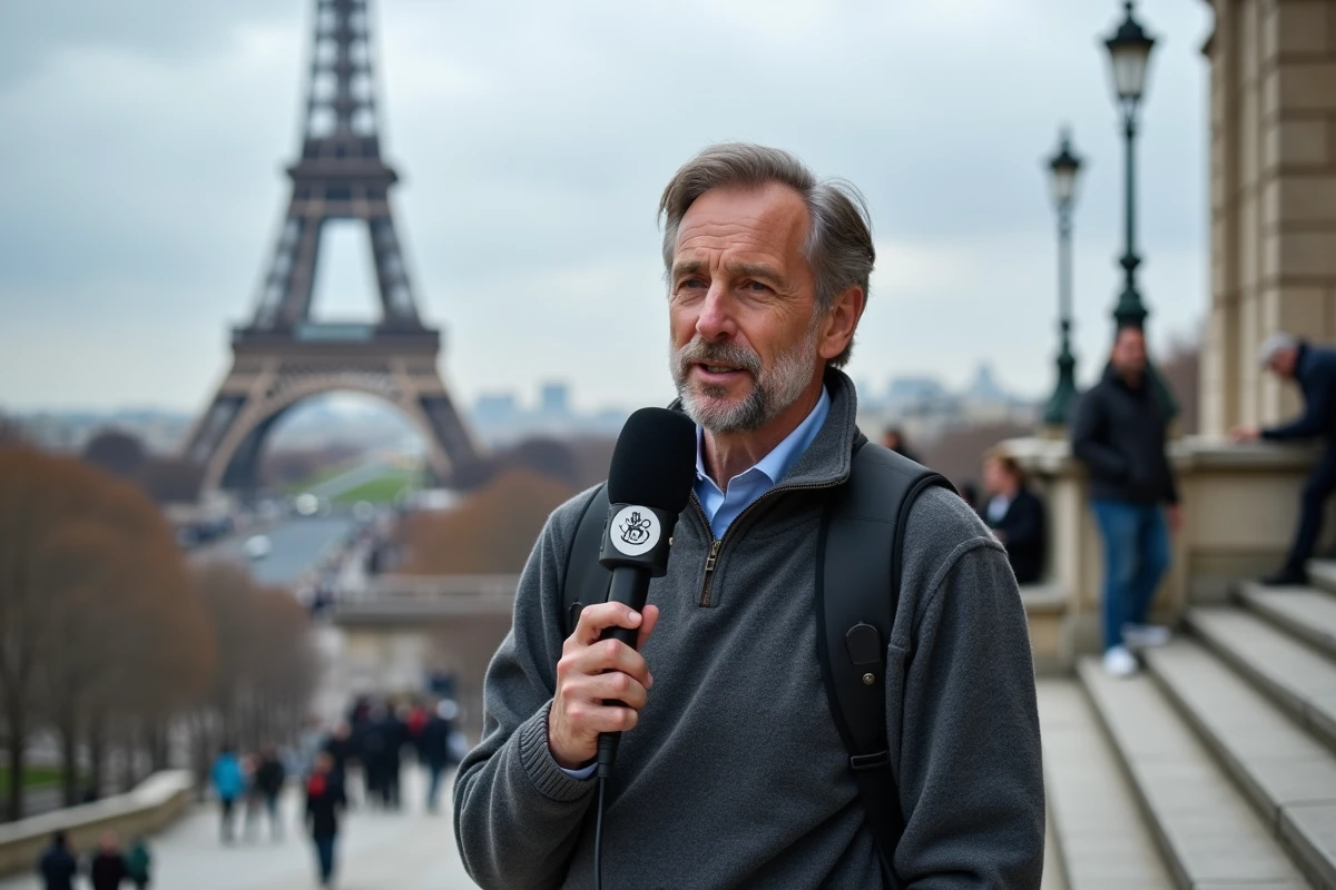Journaliste français célèbre réalisant un reportage en extérieur à Paris devant le Palais de Chaillot avec la Tour Eiffel en arrière-plan