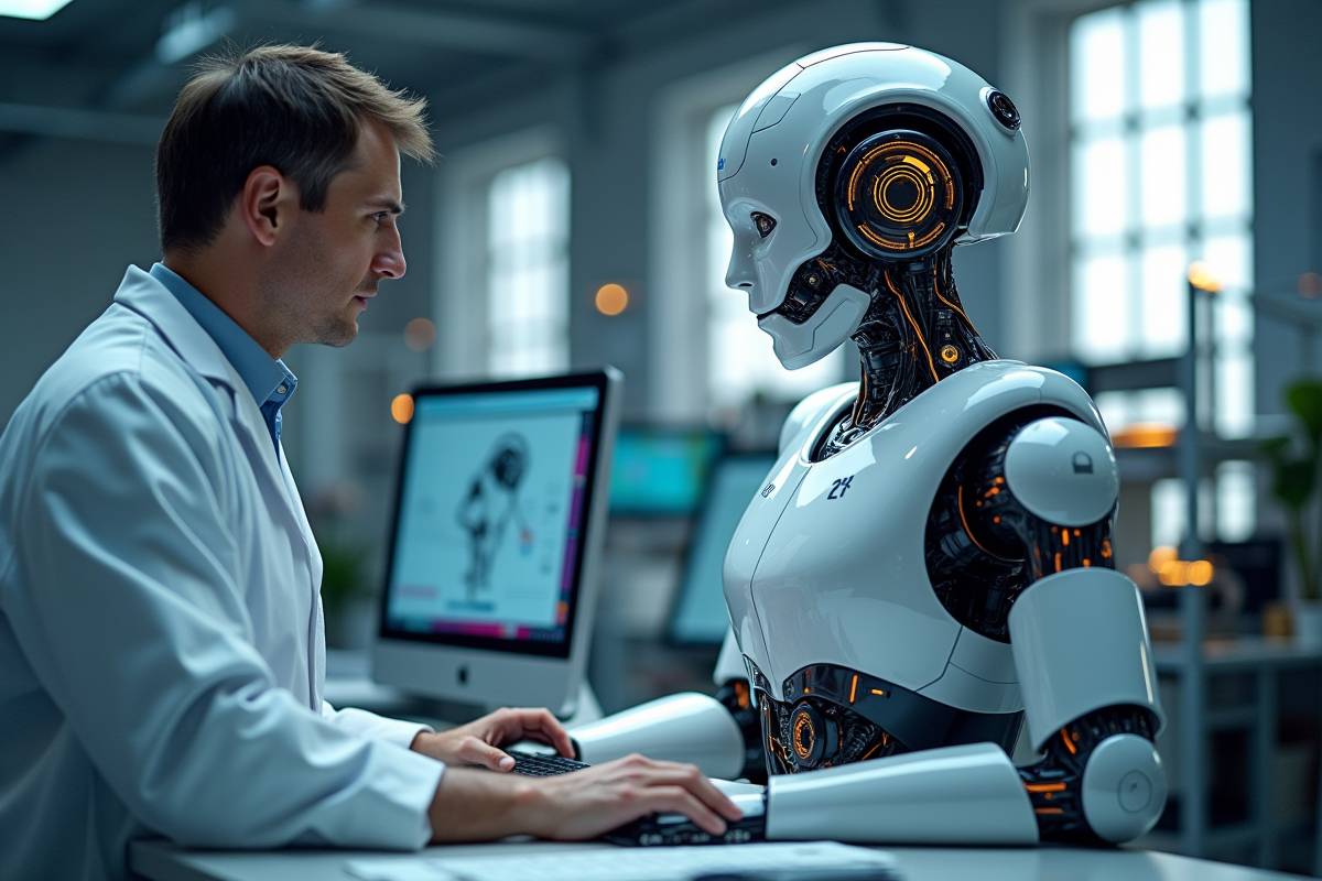 Laboratoire de robotique avec ingénieurs et robot humanoide