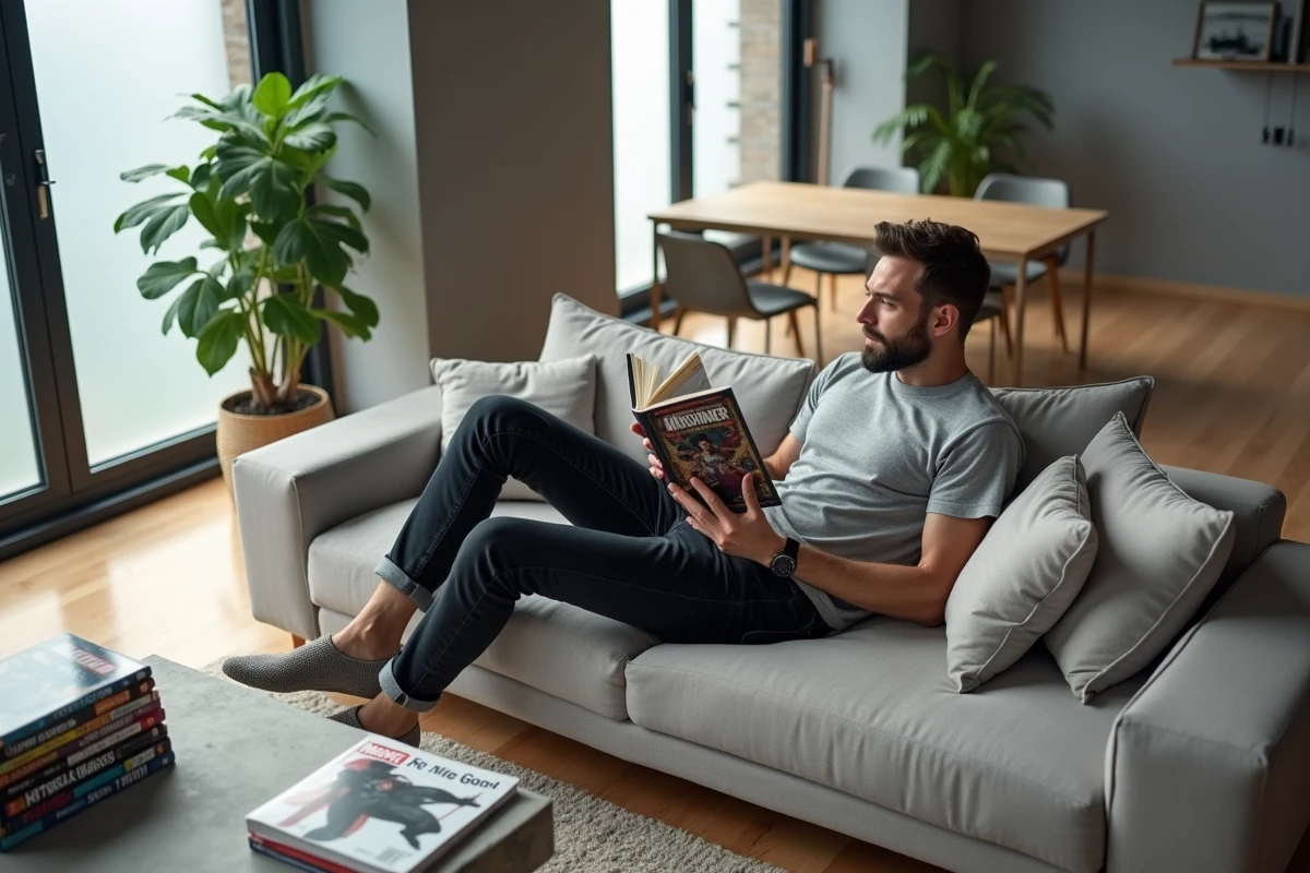 Homme lisant un omnibus Marvel Hawkeye Clint Barton sur un canapé dans un appartement moderne