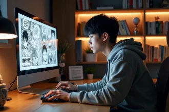 Jeune homme lisant des scanlations de manga sur son ordinateur dans un bureau à domicile entouré de volumes manga