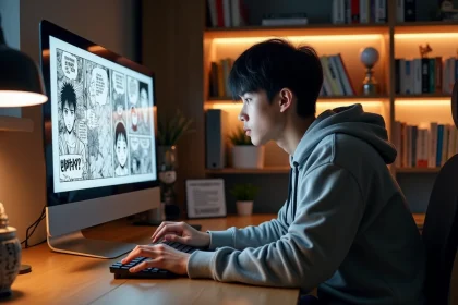 Jeune homme lisant des scanlations de manga sur son ordinateur dans un bureau à domicile entouré de volumes manga
