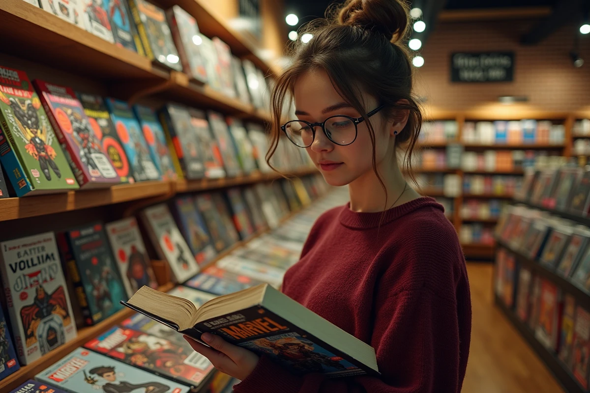 Jeune femme feuilletant des comics Hawkeye dans une librairie spécialisée en bande dessinée