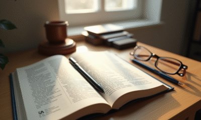 Livre de droit français ouvert sur un bureau moderne avec lunettes
