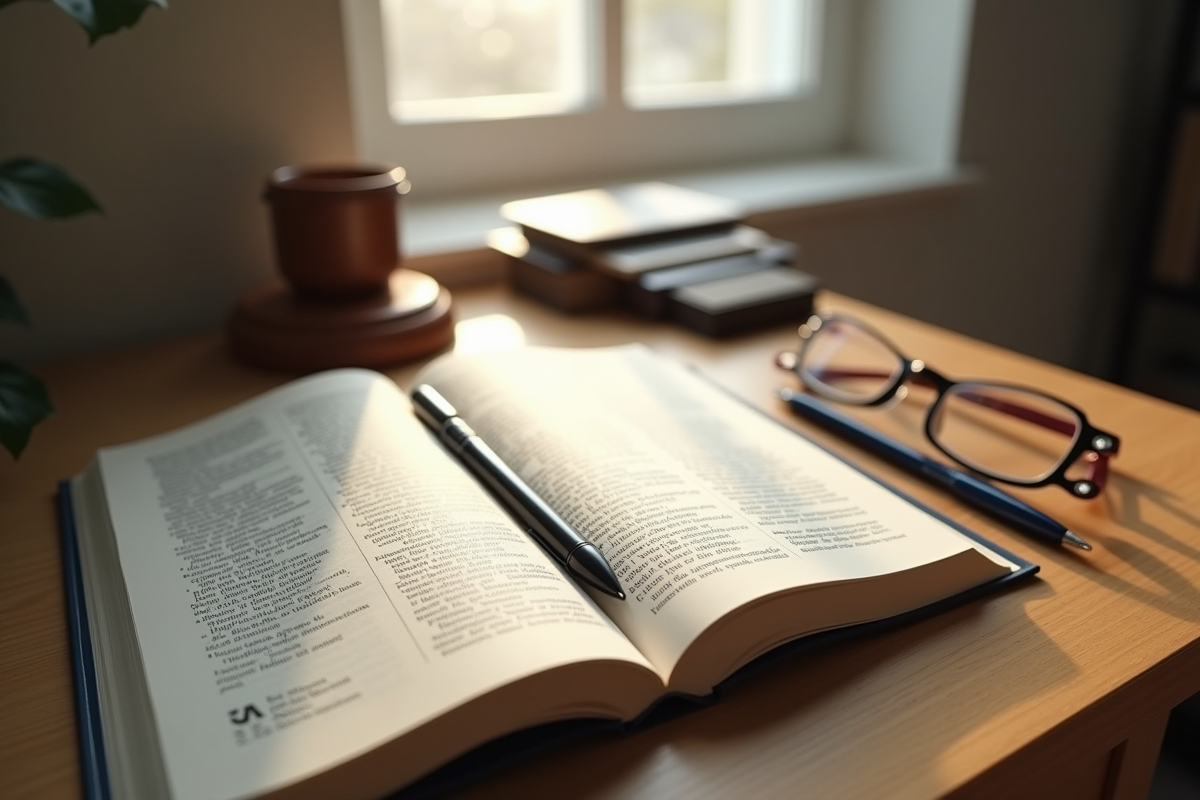 Livre de droit français ouvert sur un bureau moderne avec lunettes