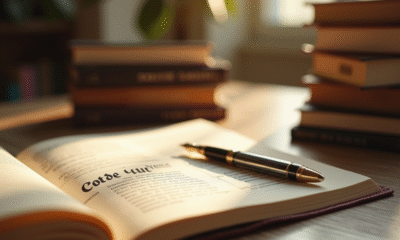 Livres de droit civil sur un bureau lumineux avec une plume