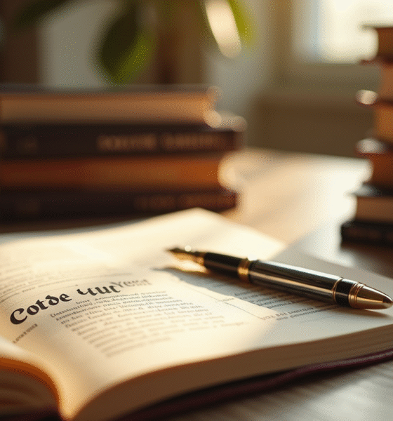 Livres de droit civil sur un bureau lumineux avec une plume