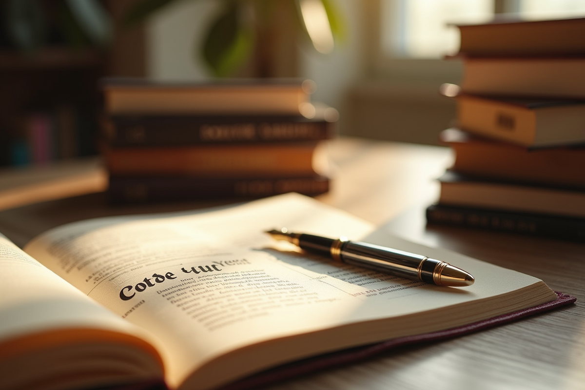 Livres de droit civil sur un bureau lumineux avec une plume