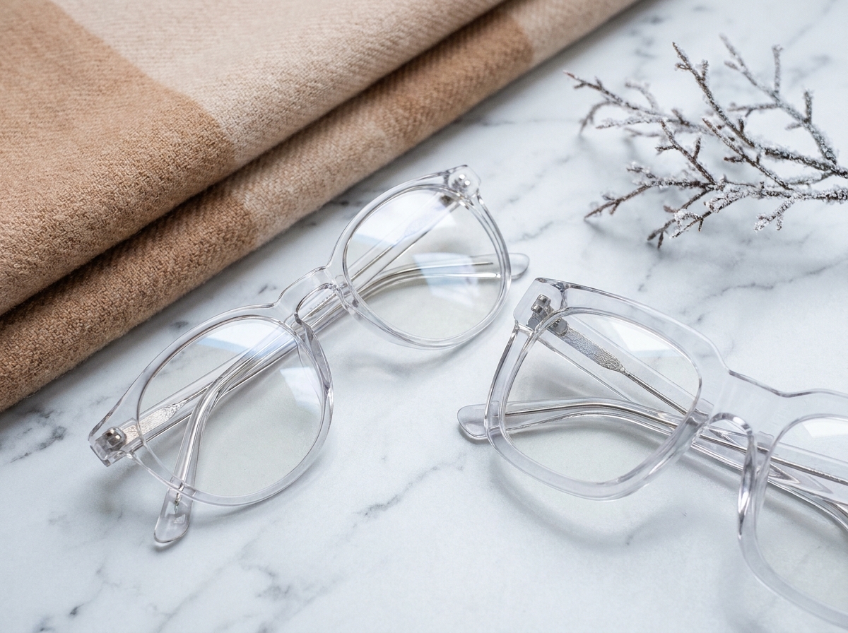 Deux paires de lunettes transparentes tendance hiver 2026 posées sur marbre blanc avec accessoires hivernaux