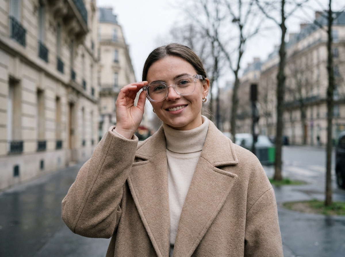 Jeune femme parisienne portant des lunettes transparentes tendance hiver 2026 sur un trottoir haussmannien