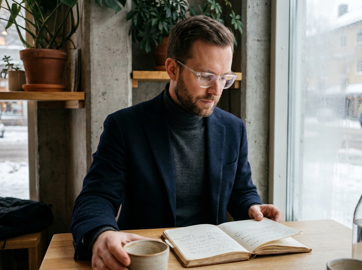 Homme élégant avec lunettes à monture transparente dans un café scandinave tendance hiver 2026