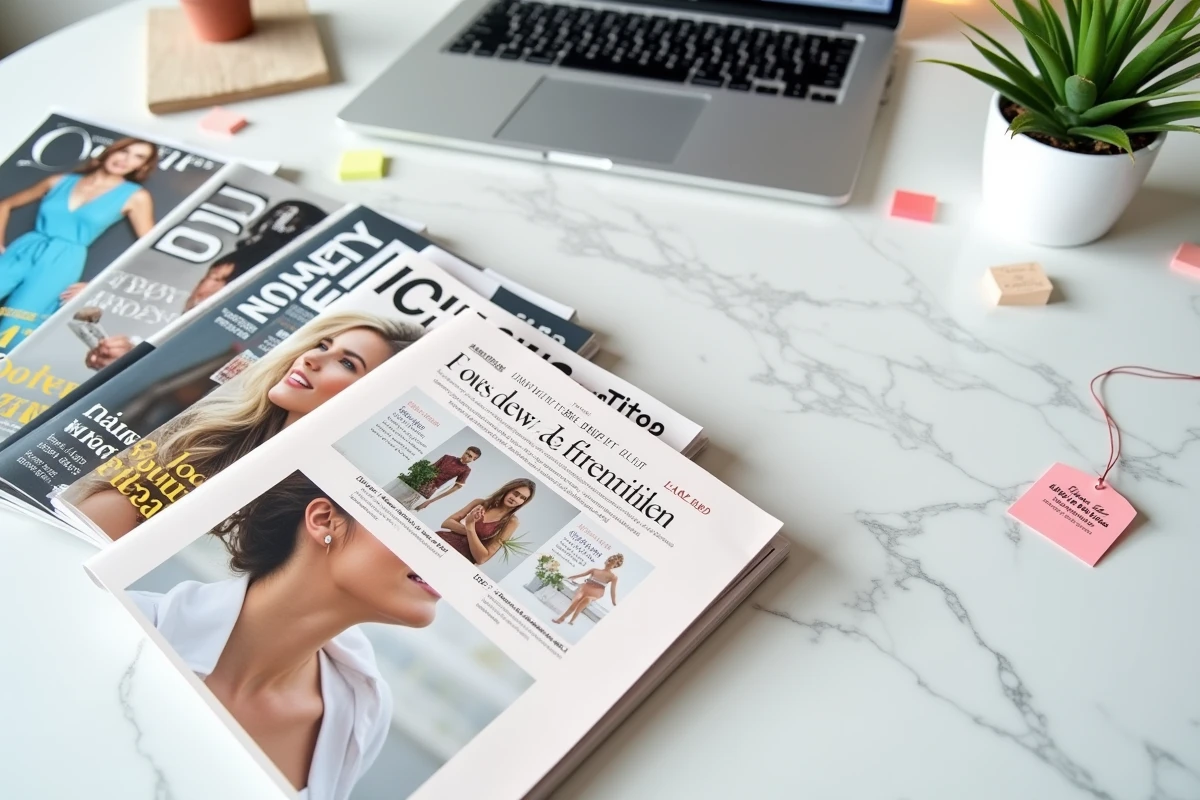 Magazines Garan Cedore en vente flash avec réduction affichée sur un bureau minimaliste