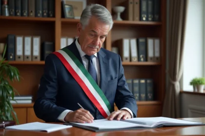 Maire en costume dans un bureau moderne en train de lire des documents