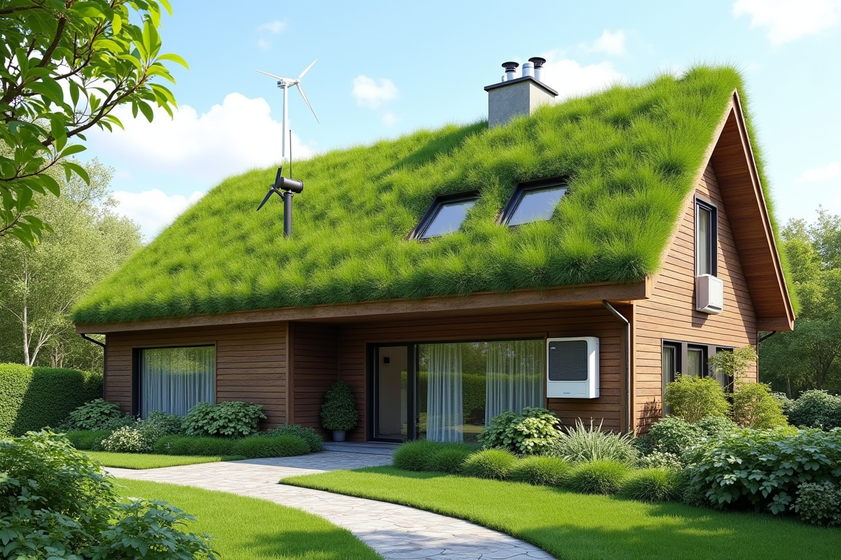 Façade écologique avec toit vert et éolienne dans le jardin