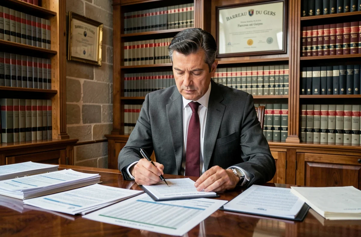 Maître Ronan de Beauchamp, avocat fiscaliste au barreau du Gers, examinant des documents fiscaux dans son cabinet