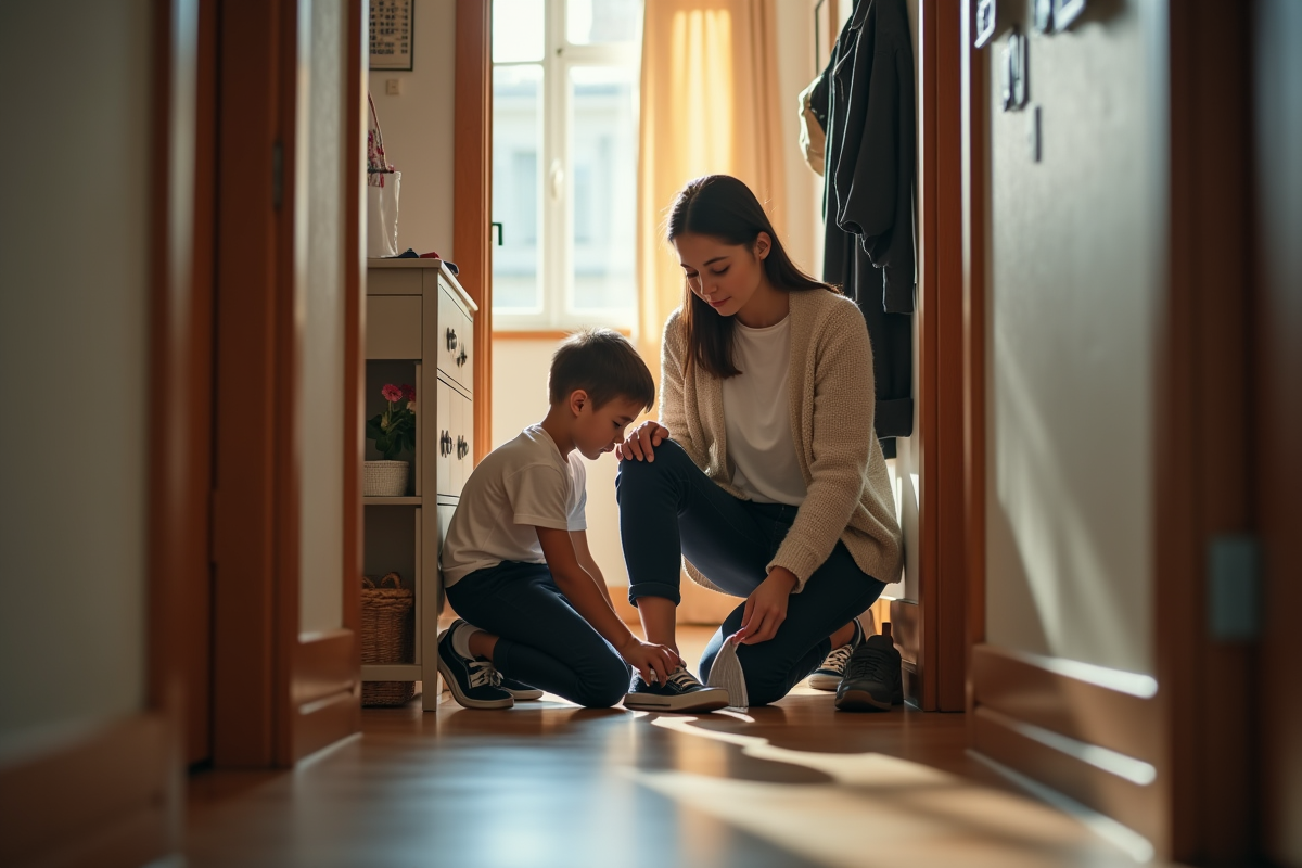 Maman aidant son enfant à lacer ses chaussures dans l
