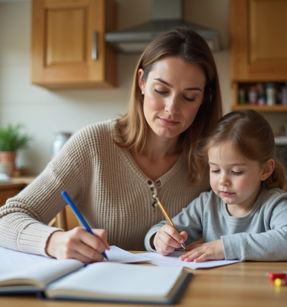 Femme et fille en cuisine pour une organisation familiale