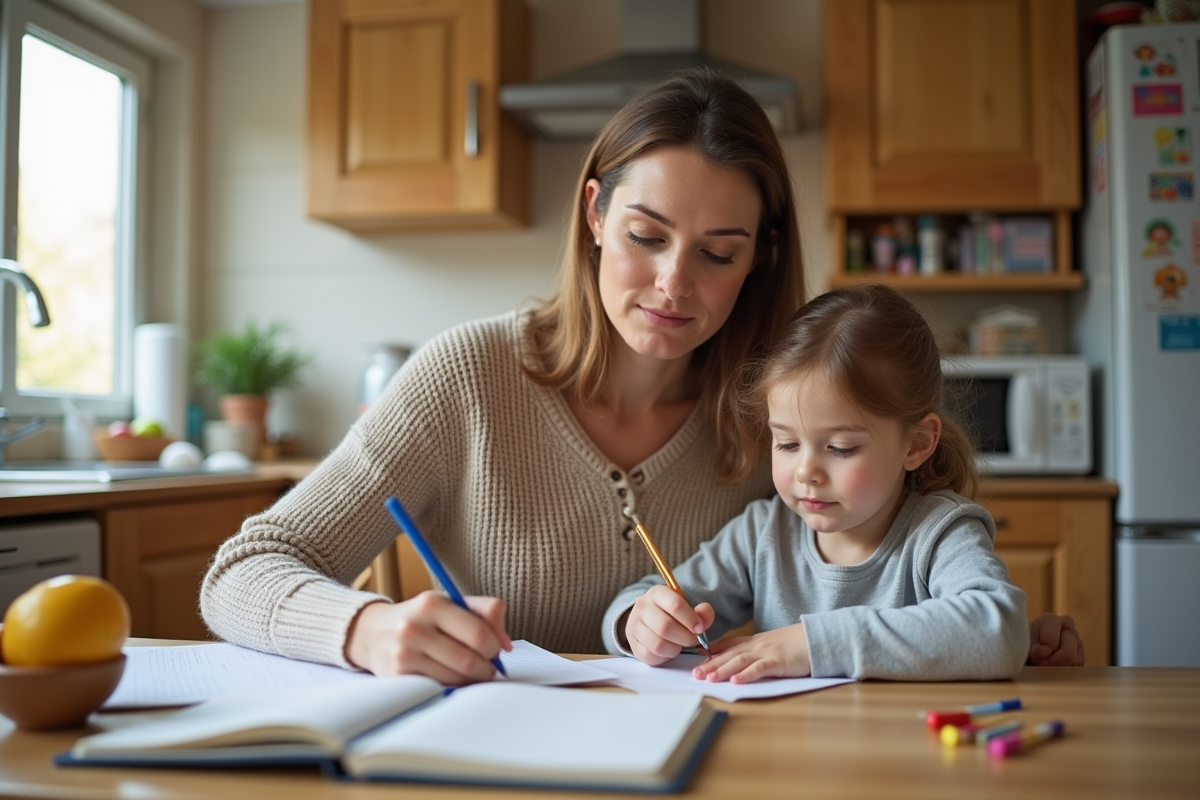 Femme et fille en cuisine pour une organisation familiale