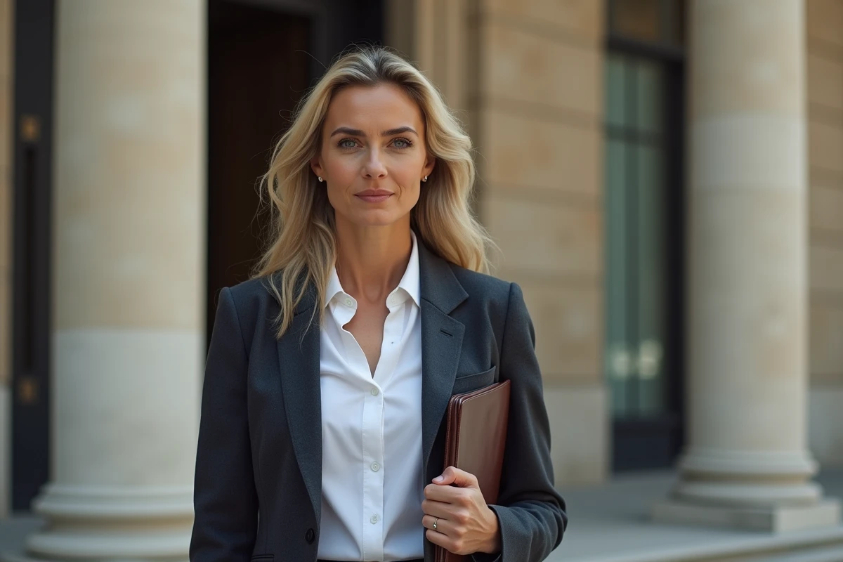Femme politique professionnelle devant un bâtiment officiel français, tenant un portfolio en cuir, regard déterminé