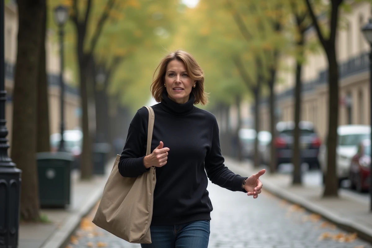 Femme politique marchant dans une rue parisienne pavée, gesticulant naturellement lors d'une conversation, immeubles haussmanniens en arrière-plan