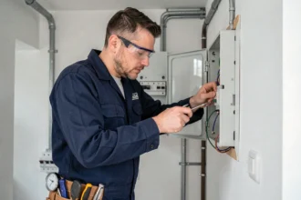 Électricien professionnel installant un tableau électrique dans une maison du Gers