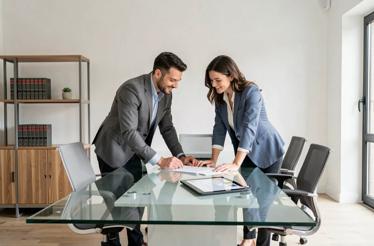 Cabinet Missio Avocats à Auch, espace de travail moderne avec avocats collaborant autour d'une table en verre