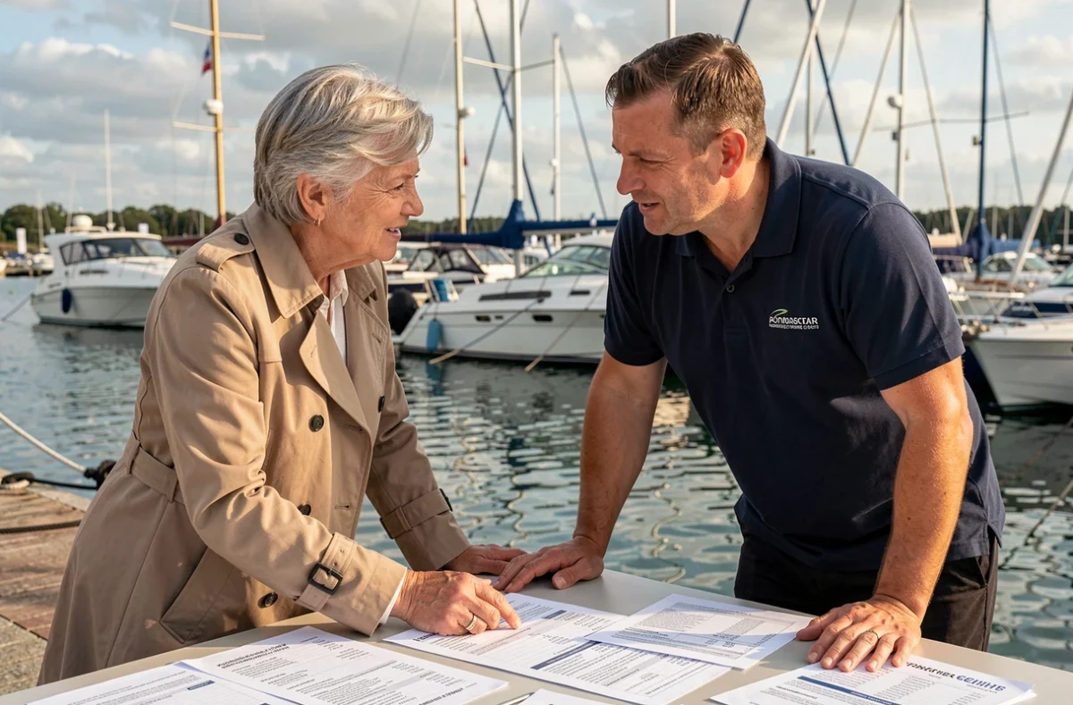 Femme négociant le prix d'un bateau avec un vendeur lors d'un salon nautique en 2026