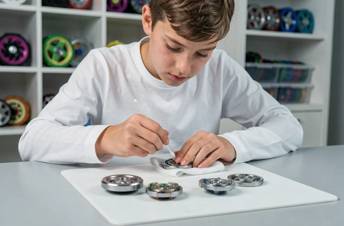 Adolescent nettoyant les pièces d'une toupie beyblade avec un coton-tige sur un tapis en silicone blanc