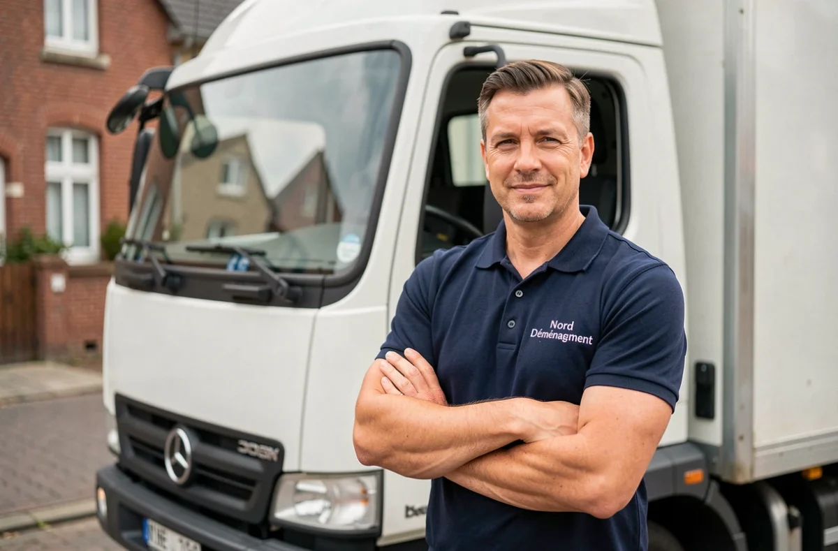 Professionnel du déménagement de Nord Déménagement posant devant son camion dans une rue de Villeneuve-d'Ascq