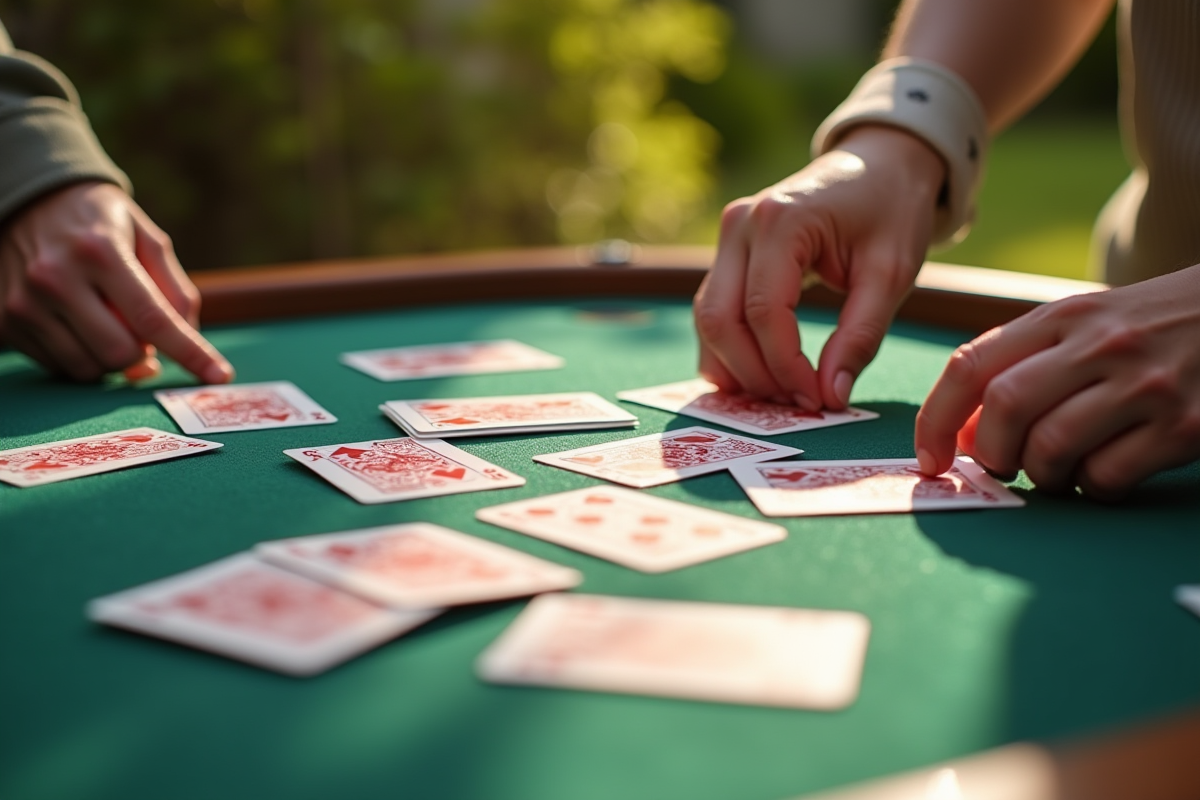 Mains organisant des cartes de Crapette en plein air au matin