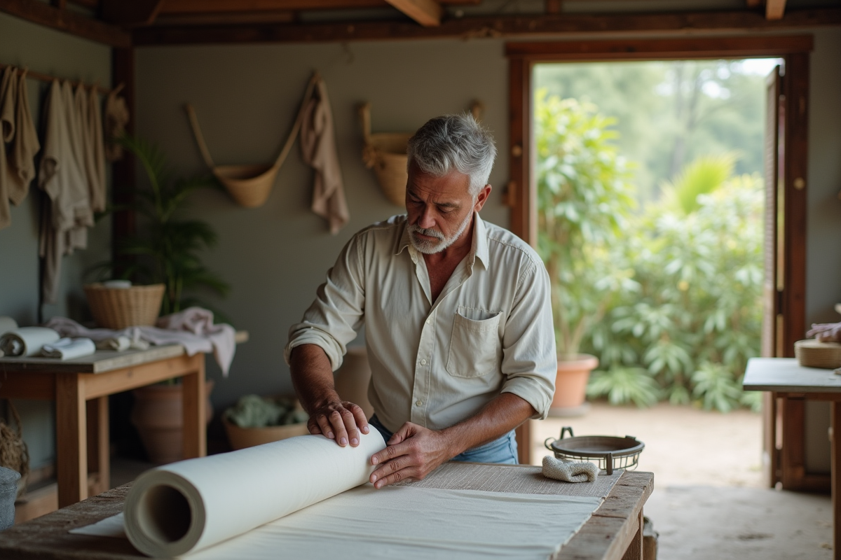 Ouvrier textile inspectant un tissu recyclé dans un atelier durable