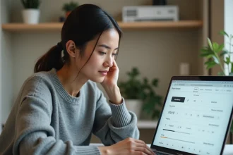 Femme adulte ajustant les paramètres de filtres de contenu NSFW sur un ordinateur portable dans un bureau à domicile moderne