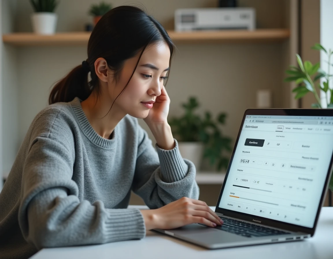 Femme adulte ajustant les paramètres de filtres de contenu NSFW sur un ordinateur portable dans un bureau à domicile moderne