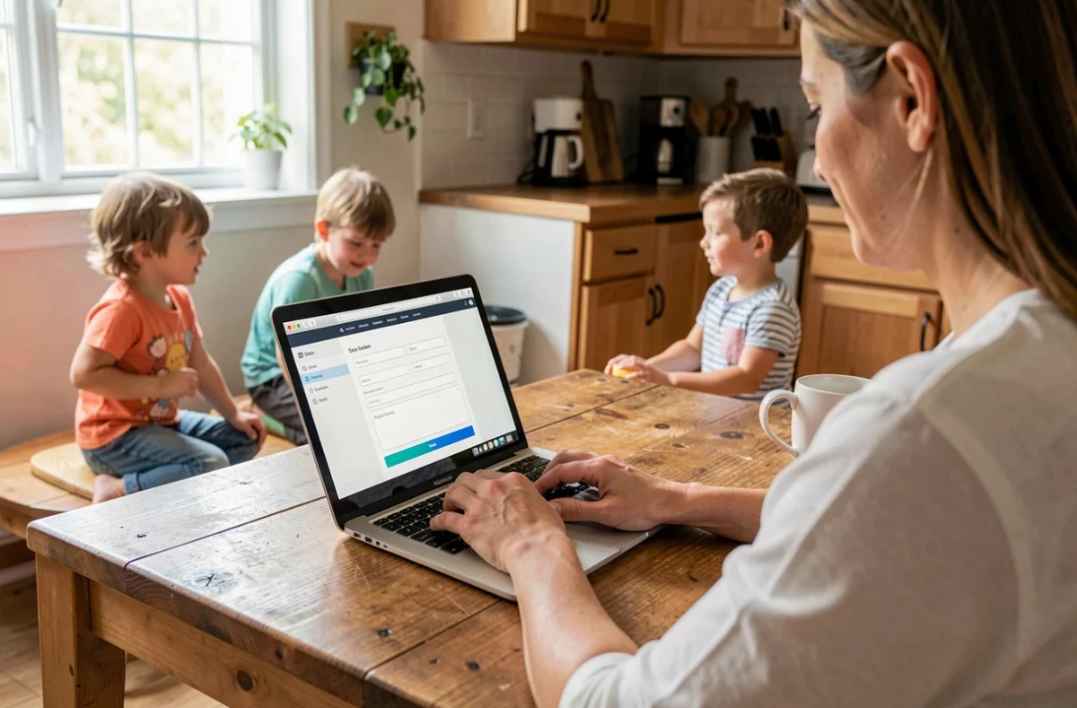 Parent remplissant une demande en ligne sur un ordinateur portable