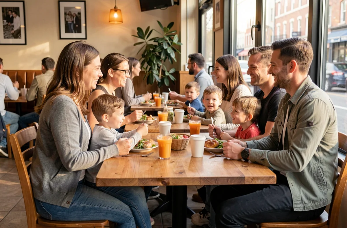 Parents et enfants attablés dans un restaurant familial