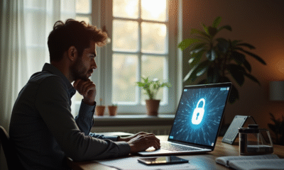 Personne travaillant à domicile avec symbole de securite digitale