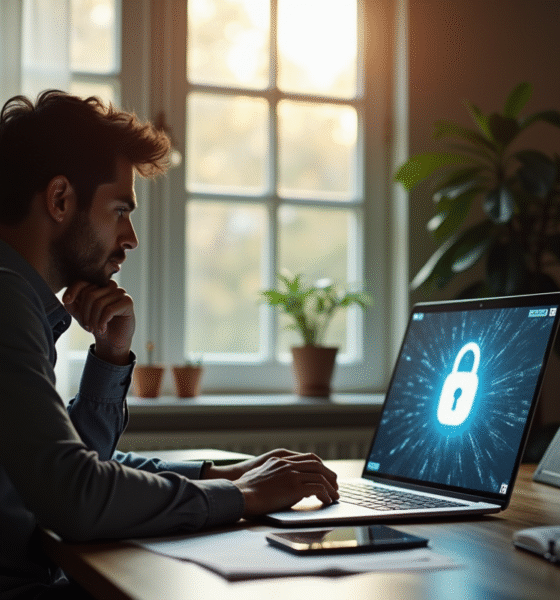 Personne travaillant à domicile avec symbole de securite digitale