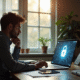 Personne travaillant à domicile avec symbole de securite digitale