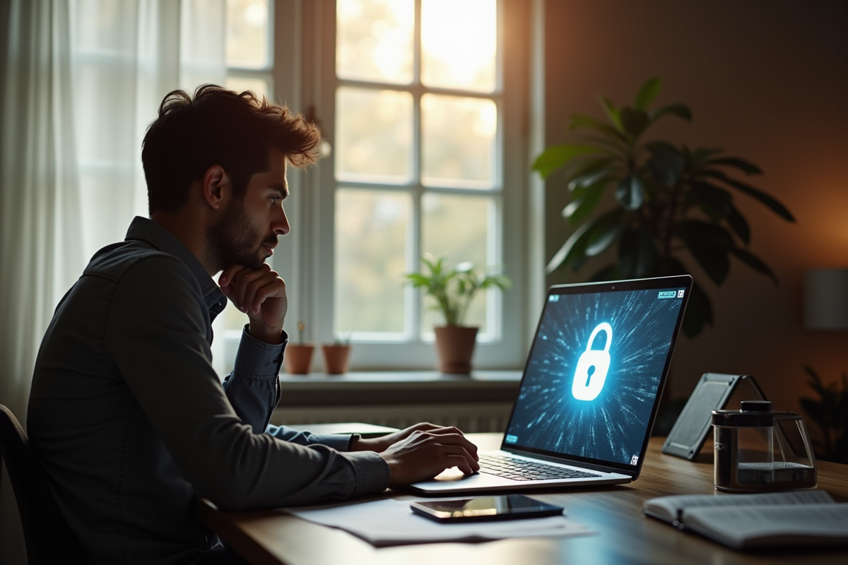 Personne travaillant à domicile avec symbole de securite digitale