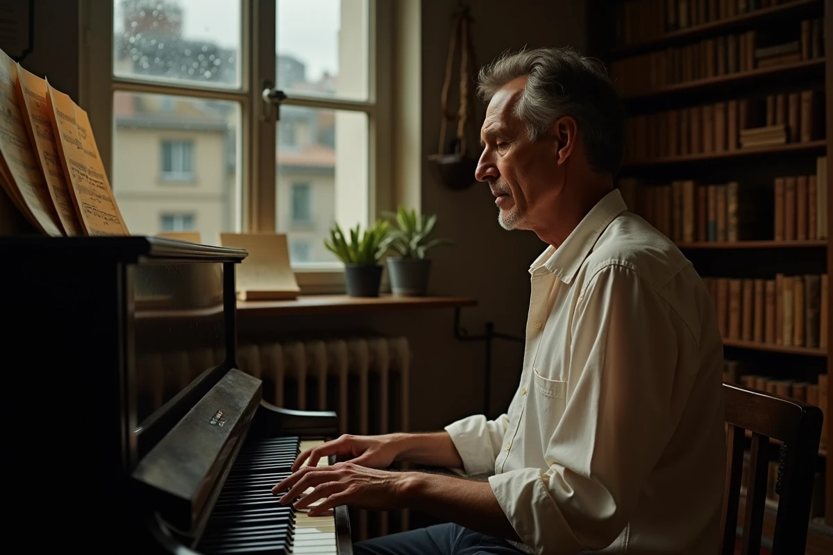 Pianiste solitaire dans un appartement parisien nostalgique, évoquant l'univers intime et personnel de Michel Berger