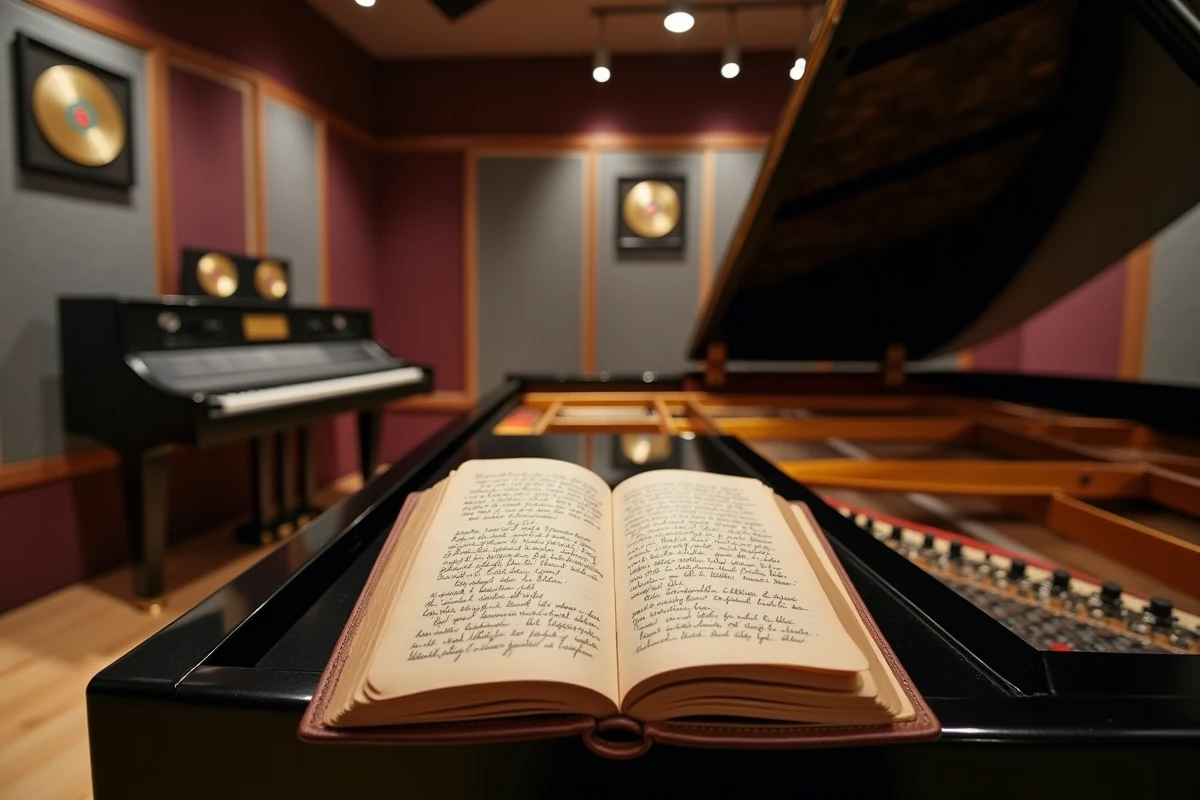 Piano à queue dans un studio d'enregistrement vintage avec carnet de paroles manuscrites, hommage à la création musicale de Michel Berger
