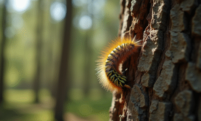 Trappe à chenilles de pin installée sur un tronc d'arbre en plein jour