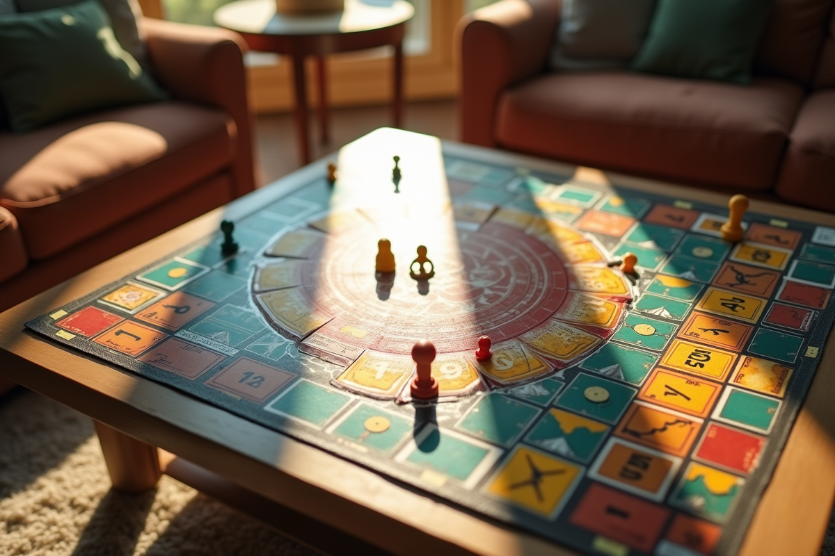 Vue plongeante sur plateau de jeu tendance dans salon lumineux